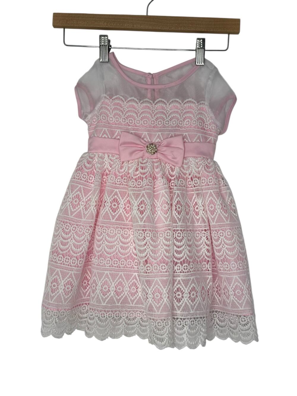 Girls Pink Lace Tulle Party Dress with Bow & Pearls Special Occasion Easter